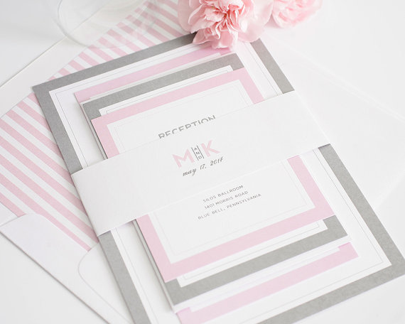 Hochzeit - Ombre Wedding Invitation - Modern, Pink, Gray, Bold, Contemporary  - Modern Initials Wedding Invitation - Sample Set