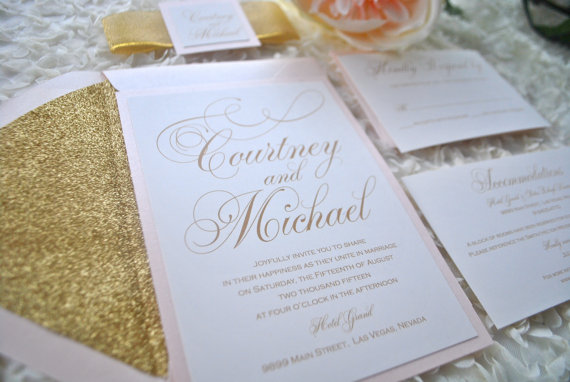 Свадьба - Pretty Script Blush and Gold Glitter Wedding Invitation-Sample