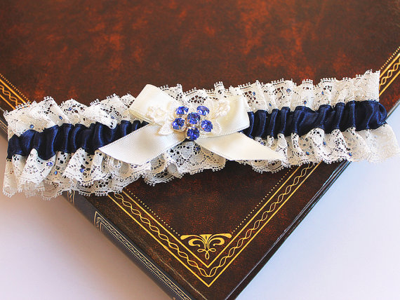 Hochzeit - Royal Blue Garter, Swarovski Lace Wedding Garter Set, Something Blue Bride Bridal Shower Gift, Toss Garter Lingerie Bow Ivory Garter Elegant