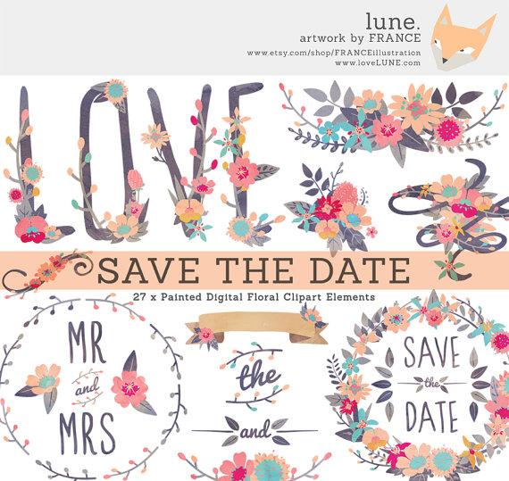 Wedding - Save The Date Painted Wildflower Wedding Clipart. Flower Clipart Wreaths, Banners, Bouquets. Simple Cute Handdrawn Bright Floral Digital Art