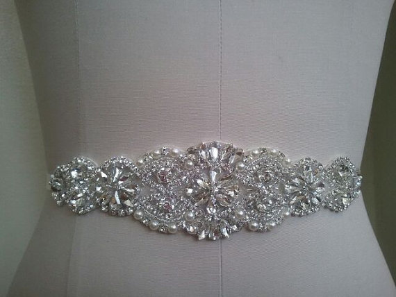 زفاف - Wedding Belt, Bridal Belt, Sash Belt, Crystal Rhinestone & Off White Pearls  - Style B200099L