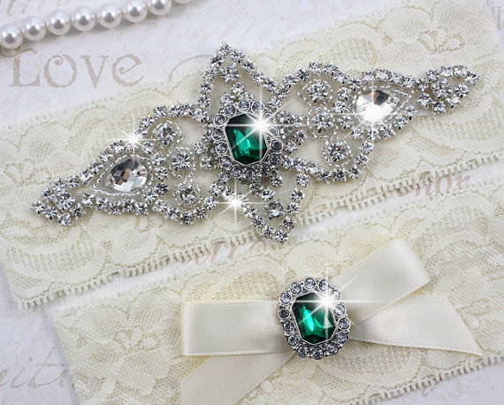 زفاف - SALE - Best Seller - CHLOE II - Emerald Wedding Garter Set, Ivory Lace Garter, Rhinestone Crystal Bridal Garters
