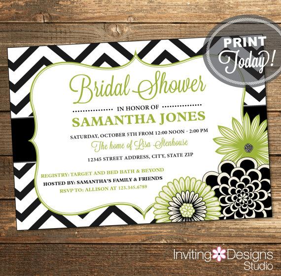 Свадьба - Bridal Shower Invitation, Wedding Shower Invitation, Chevron, Floral, Green, Lime, Black, White, Printable (Custom Order, INSTANT DOWNLOAD)