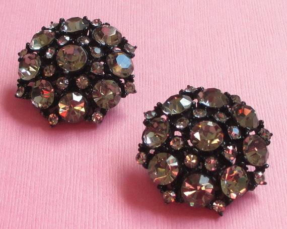 Mariage - Vintage Black Diamond Rhinestone Earrings, Light Grey Rhinestone Earrings, Enamel Jewelry, Gothic Earrings, Bridal Jewelry