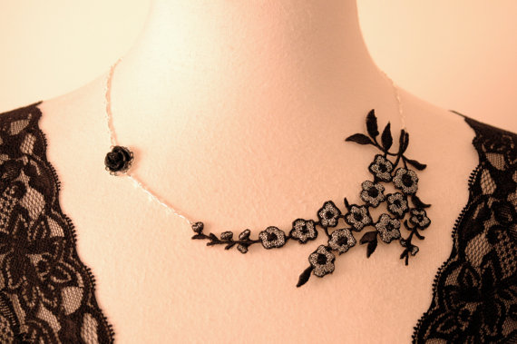 Hochzeit - Lace Necklace Fabric Flower Necklace choker Black silver Bridesmaids Jewelry Floral Necklace victorian flower jewelry wedding gift