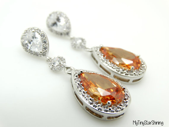 Hochzeit - Wedding Jewelry Champagne Earrings Bridal Earrings Wedding Earrings Silver Cubic Zirconia Light Peach Earrings Post Earrings