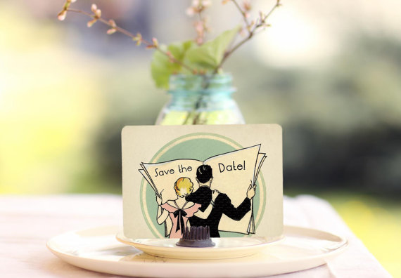 Свадьба - Art Deco Save the Dates - 1920s Wedding Invitations - Newspaper Couple
