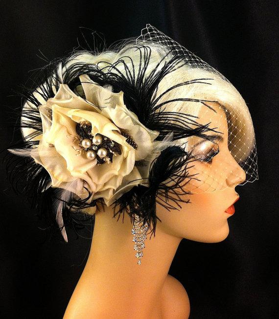 Hochzeit - Gatsby Headpiece, Veil and Fascinator Set, Deep Ivory or Ivory Bridal Flower Feather Fascinator, Brooch, Bridal Flower, Vintage Inspired