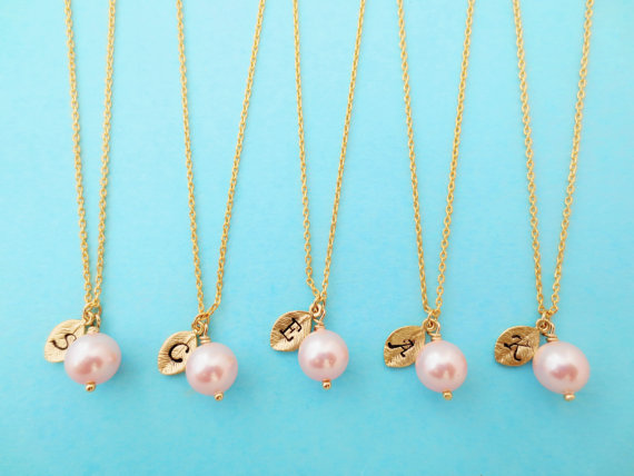 Wedding - Pink, Pearl, Set of 3,4,5,6,7,8,9,10, Necklace, Baby, Pink, Color, Pearl, Initial, Necklace, Personalized, Bridesmaid, Gift, Bridal, Jewelry