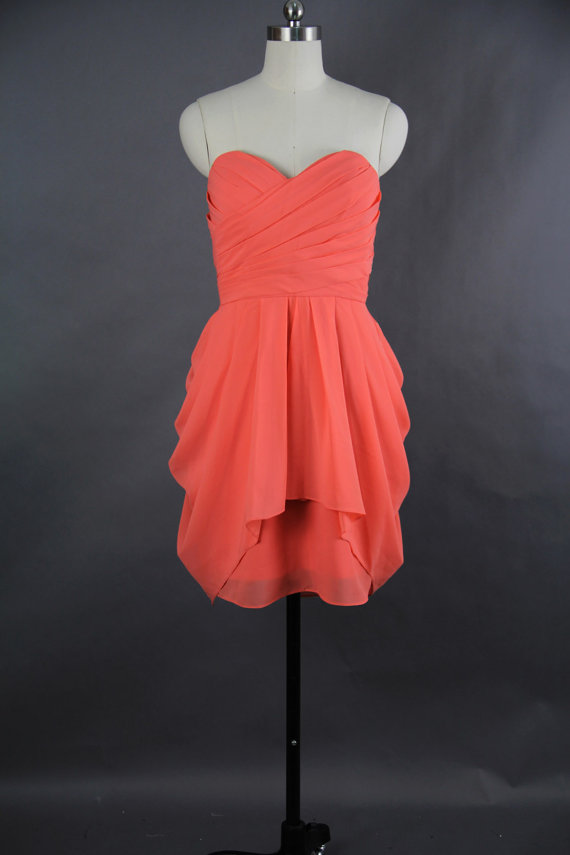 Mariage - Coral Bridesmaid Dress, A-line Sweetheart Short Bridesmaid Dress, Chiffon Bridesmaid Dress