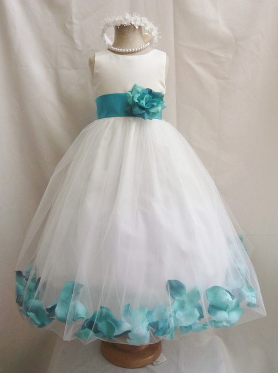 Hochzeit - Flower Girl Dress - Ivory Rose Petal Dress with Teal - Wedding, Easter, Junior Bridesmaid, Formal Girl Dress, Recital (FGPT)