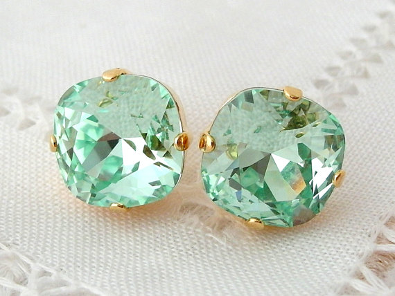 Mariage - Mint earrings, Clear mint Swarovski crystal stud earrings, mint sea foam Rhinestone stud earrings, Bridal earrings, Bridesmaid gift earrings
