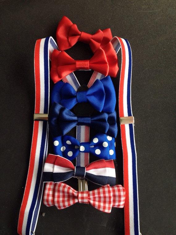 زفاف - Suspender and Bowtie Set Red White & Blue Baby Boy Bow tie and Suspenders Boys Bowties Toddler Necktie Mens bowtie Fourth of July Patriotic