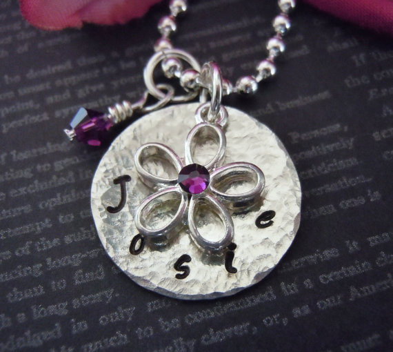 زفاف - Wedding-Flower Girl Necklace-Personalized Necklace-Hand Stamped Jewelry-Birthstone and Flower Charm-Preschool Gift-Big Sister Gift-Baptism