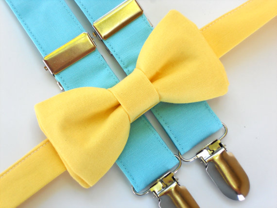 Mariage - Ring bearer outfit, blue suspenders, boys bow tie and suspenders, yellow bow tie, toddler wedding outfit, boys 1st birthday outfit