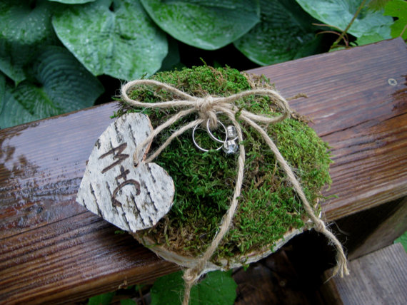 Wedding - Rustic Personalized Birch Bark Tree Slice Moss Ring Bearer Pillow