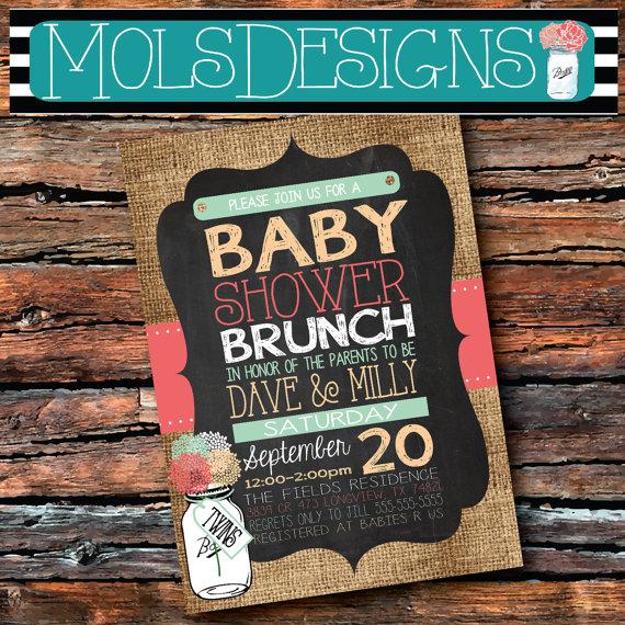 Hochzeit - Any Color BABY SHOWER BRUNCH Mason Jar Vintage Burlap Chalkboard Twins Girl Boy Coral Mint Peach Teal Floral Wedding Tea Party Invitation