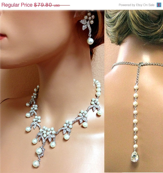 Свадьба - Bridal jewelry set , Bridal back drop necklace earrings, vintage inspired rhinestone pearl bridal statement, bridesmaid jewelry set
