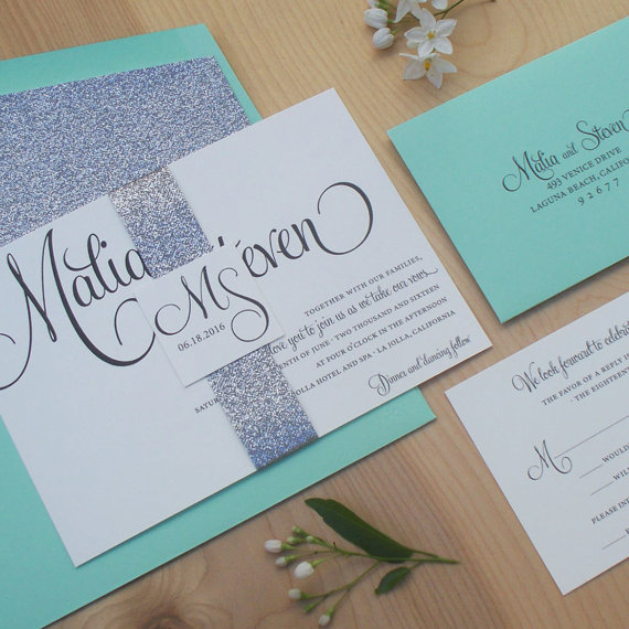 Wedding - Glitter Invitation, Silver and Mint Wedding Invitation, Modern Wedding Invitation, Belly Band