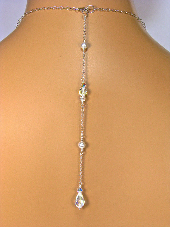 Hochzeit - Back Necklace Backdrop Attachment Bridal Necklace Backdrop Back Jewelry Swarovski Pearl Crystal Teardrop Sterling Silver Chain Tamarra