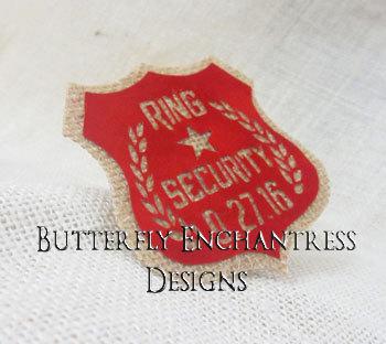 Hochzeit - Ring Bearer Security Badge Pin - Rustic Fall Wedding - Natural Burlap Red - Photo Prop - Personalized Custom Wedding Date - BE Lapel