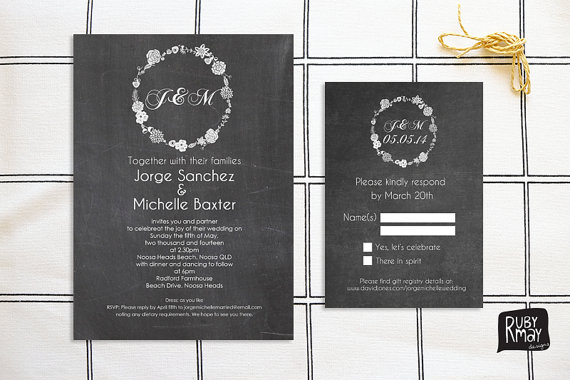 Hochzeit - Chalkboard Wedding Invitation and RSVP Card - digital or printed - floral wreath, laurel, blackboard, black and white wedding invite