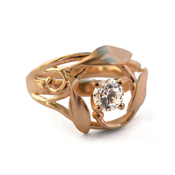 زفاف - Leaves Engagement Ring - 18K Rose Gold and Diamond engagement ring, engagement ring, leaf ring, filigree, antique,art nouveau,vintage