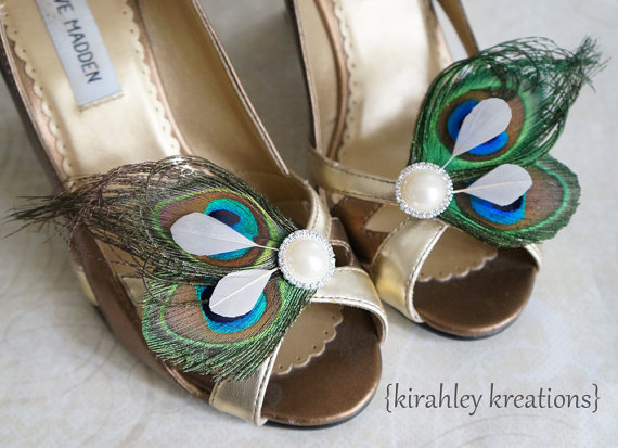 Hochzeit - ATREYA w/ IVORY Shoe Clips -- Peacock Feathers w/ Blue Plumage & Sparkling Rhinestones, Great for Brides and Bridesmaids Wedding Accessory