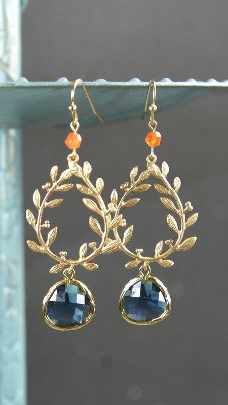 Mariage - Navy Coral orange-Bridesmaid jewelry sapphire blue Gold Drop Earrings Wedding Bridal Wedding Dangle Earrings Bridal Jewelry  Bridesmaid Gift