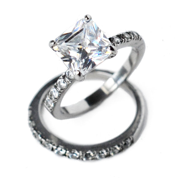 Свадьба - cz ring, cz wedding ring, cz engagement ring, wedding ring set, ring set, cz wedding set princess cubic zirconia size 5 6 7 8 9 10-MC19751T