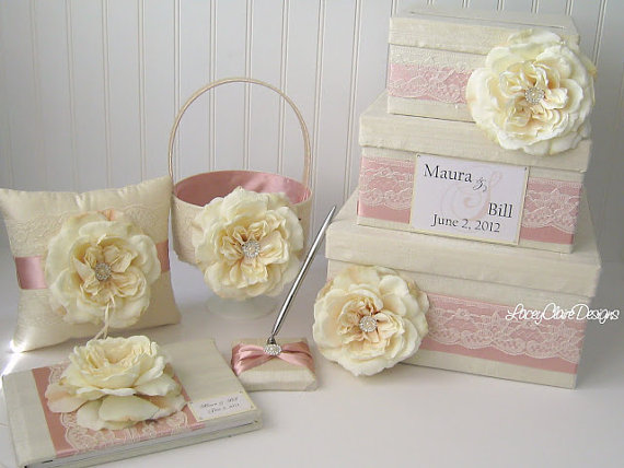 زفاف - Lace Wedding Card Box Set - includes Ring Pillow, Flower Girl Basket and Guest Book Custom Made