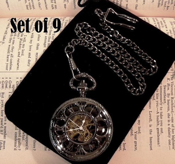 Mariage - Set of 9 Black Mechanical Pocket Watch with Chain Personalized Groomsmen Gift for Him Wedding