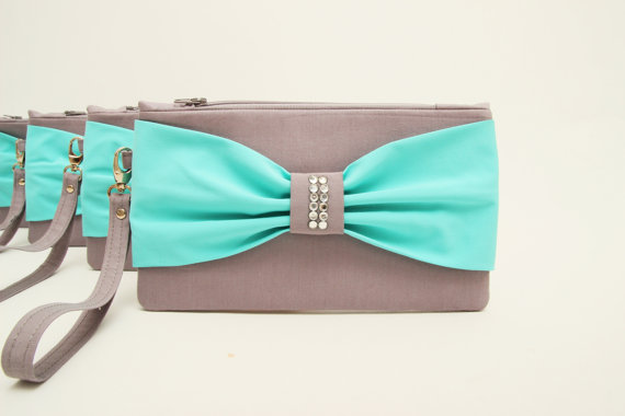 زفاف - Promotional sale   - SET OF 4 -  Grey ,Tiffany blue , bow wristelt clutch,bridesmaid gift ,wedding gift ,make up bag