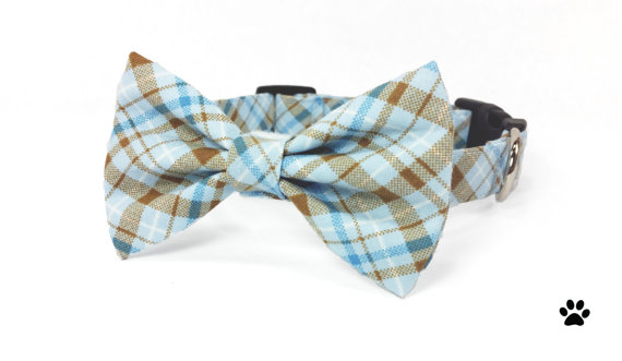 Wedding - Blue and brown tartan plaid - cat and dog bow tie collar set