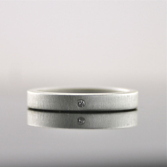 زفاف - Matte Finish Sterling Silver Diamond Ring - Eco Friendly Modern Engagement Ring - 3 mm Band