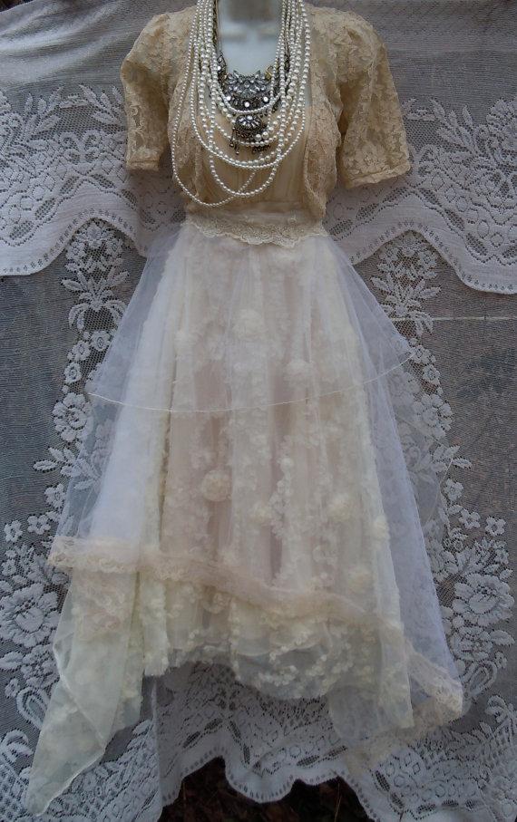 Mariage - Cream wedding dress tiered lace tulle floral cupcake vintage tea bride outdoor  romantic small by vintage opulence on Etsy