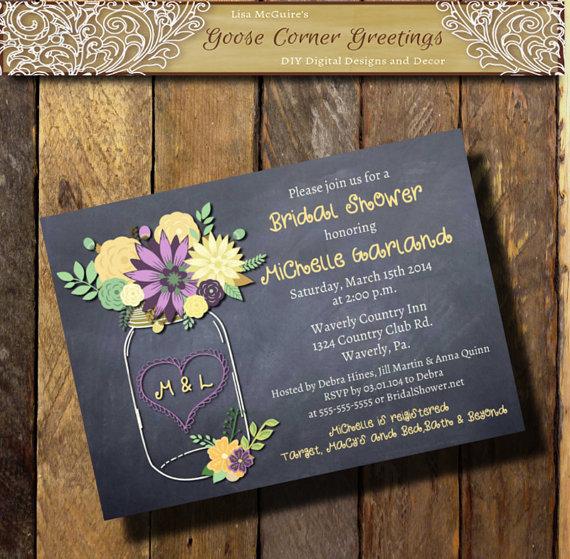 زفاف - Chalkboard Mason Jar Bridal Shower Invitation Floral Rustic Wedding Shower Purple Cream Mint Baby Birthday Rehearsel Dinner