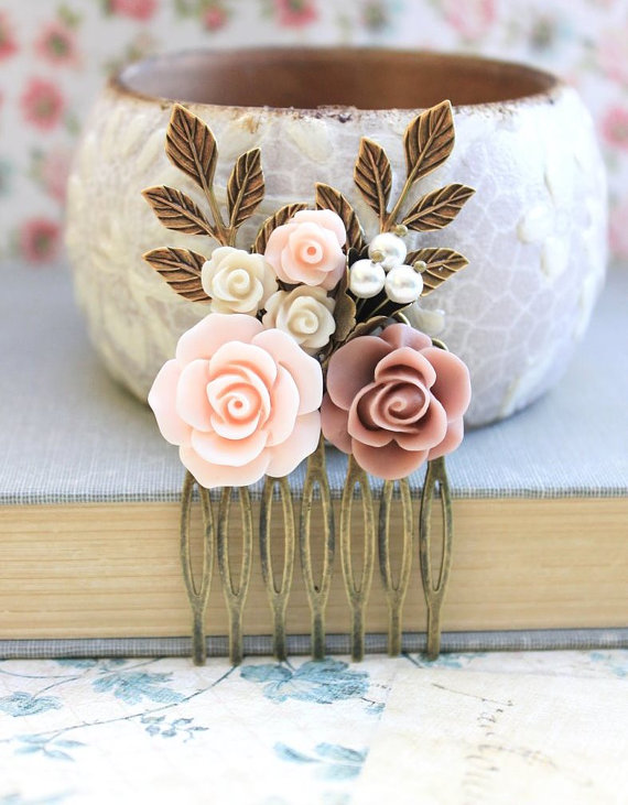 Wedding - Wedding Hair Comb Dusty Pink Rose Comb Bridal Comb Flowers for Hair Leaf Rustic Branch Comb Wedding Hair Accessories Pearl Comb Country Chic