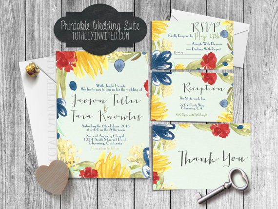 Wedding - Printable wedding invitation suite Watercolor Flowers Primary Colors Navy Blue Floral spring summer DIY (custom made) digital linen texture
