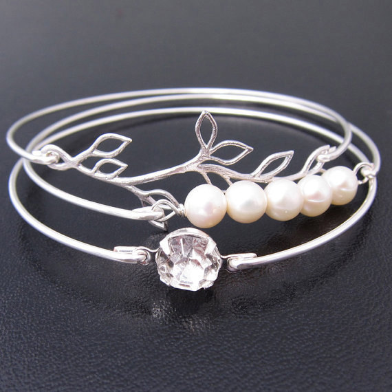 Wedding - Romance - Silver Bridal Bracelet Set, Dainty Bangle, Dainty Bracelet, Delicate Bangle, Delicate Bracelet, Delicate Jewelry, Dainty Jewelry