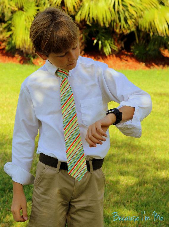 Hochzeit - Boys Necktie - Bright summery blue yellow orange multi stripes on cotton Neck Tie, Pre-tied, Adjustable, in Infant, Toddler, Child sizes