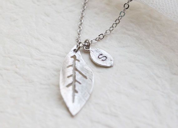 Wedding - Two leave - personalized initial silver leaf Necklace - S2336-1