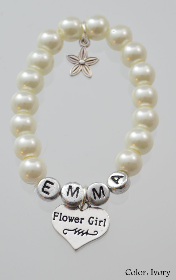 Wedding - Wedding Jewelry-Flower Girl  Name Pearl Bracelet with Small Flower Charm
