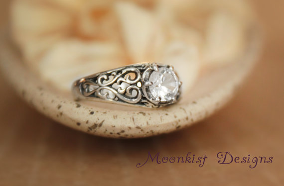 زفاف - Sterling Silver White Sapphire Filigree Engagement Ring - Choose Your Stone - Unique Engagement Ring, Promise Ring, Gemstone Ring