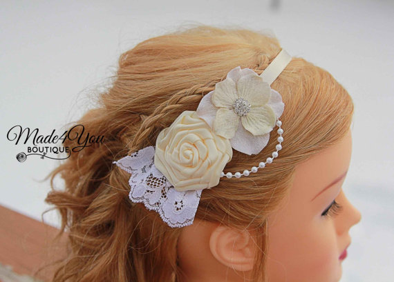 Hochzeit - 53 DIFFERENT COLORS- Ivory Flower Girl Headband-Bridesmaid Headband-Wedding Head Piece