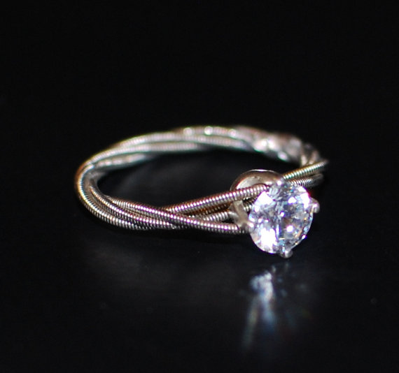 Wedding - Guitar String Engagement or Purity Ring, Quad Wrapped, 6mm White Cubic Zirconium with Sterling Silver Setting