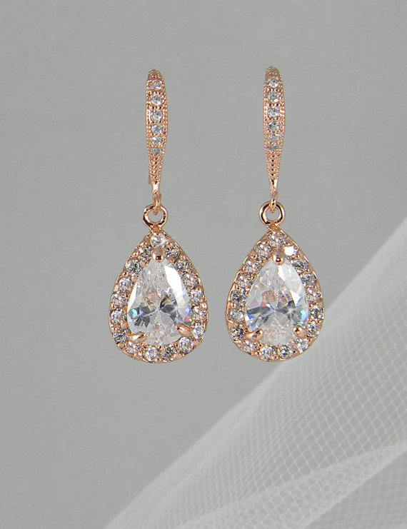 Hochzeit - Rose Gold Bridal earrings, Pink Gold Wedding jewelry, Swarovski Crystal Wedding earrings Bridal jewelry, Ariel Drop Earrings