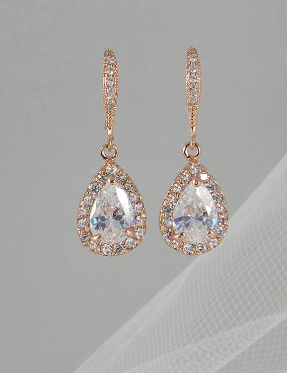 Mariage - Rose Gold Bridal earrings, Pink Gold Wedding jewelry, Swarovski Crystal Wedding earrings Bridal jewelry, Ariel Drop Earrings