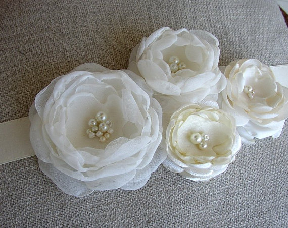 Wedding - Ivory Wedding Sash - Bridal Sash - Floral Wedding Belt - Bridesmaids - Ivory Wedding Accessories - Pearl Sash -