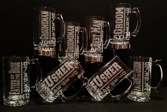 Hochzeit - Groomsmen Gift Set - 8 Personalized Groomsmen Mugs - Groomsmen Beer Mugs - Sandblasted Mugs - 16 Ounce Beer Mugs - Engraved Mugs